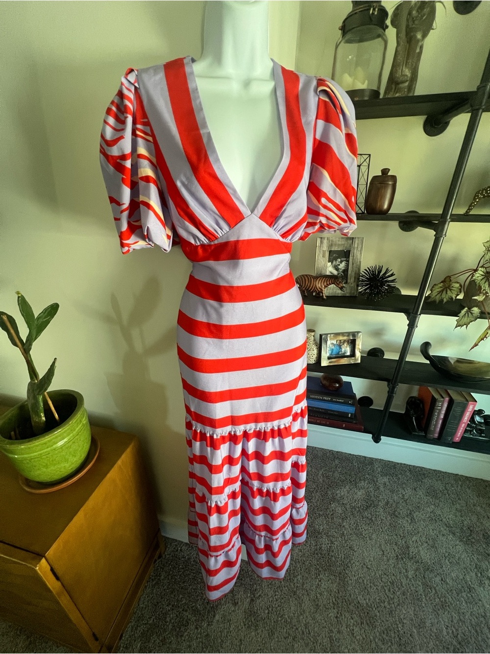 Red and pale lavender Stripe V-Neck Maxi Dress with Puff Sleeves